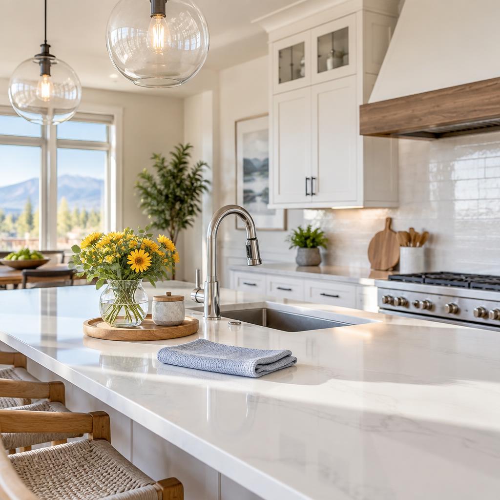 Freshly cleaned sunlit kitchen with yellow flowers